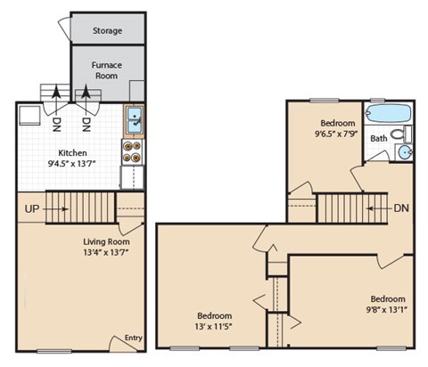 Floor plan for 3 beds, 1 bath, 945 sqft